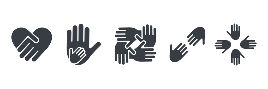Friendship arms symbol. Black silhouettes hands together set. Global unity concept. Business teamwork pictogram. Vector illustration isolated on white background.