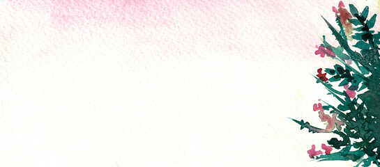 Watercolor background. Flowers and leaves on the right side. Romantic. Handmade on paper. For invitations, weddings, business cards, printing