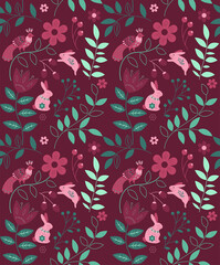 vector seamless pattern of ethnic stylized bird, rabbits and nature in pink and green palette on dark pink background, bright contrast colours