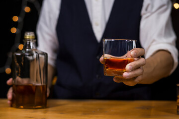Bartender Serve Whiskey, on wood bar, 