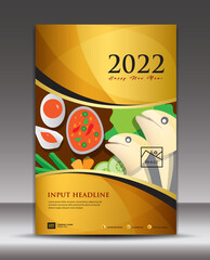 Gold Cover design for Calendar 2022 template, Desk Calendar 2022 year, Wall calendar, Menu, flyer, brochure, poster, annual report, book, magazine, newsletter. food concept. Gold wave shape background