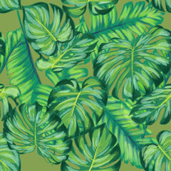 Watercolor vector hand drawn styled  trendy tropical seamless pattern with the palm leaves and monstera textile composition