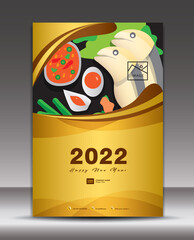 Gold Cover design for Calendar 2022 template, Desk Calendar 2022 year, Wall calendar, Menu, flyer, brochure, poster, annual report, book, magazine, newsletter. food concept. Gold wave shape background