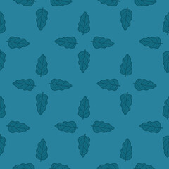 Seamless nature pattern in geometric style with simple oak leaves silhouettes. Blue background.