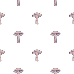 Forest wild seamless pattern with lilac contoured mushroom silhouettes. White background. Isolated vegetable print.
