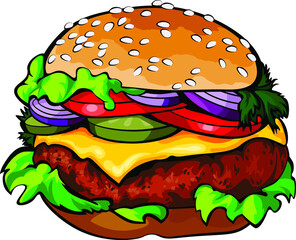 Cartoon tasty big hamburger with cheese and sesame seeds isolated on white background. Vector sticker icon.
