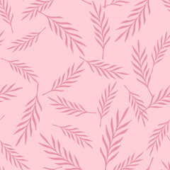 Random natural seamless pattern with random abstract leaf branches shapes. Pink background. Organic style.