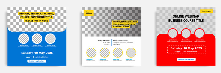 Set bundle collection of social media post template. Layout for online webinar, conference, training, seminar, course, and learning video. Minimal modern and simple style in red blue yellow color.