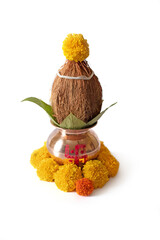 kalash pujan Indian festival akshaya tritiya Decorative kalash with coconut and leaf with floral...