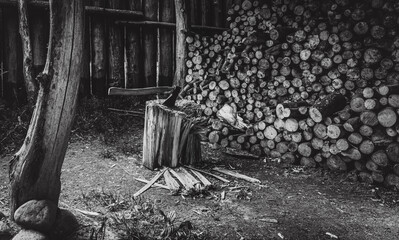 Axt und Holzblock im Wald vor einem Stapel Holz - Brennholz spalten - hölzerne Art - Axt Block...