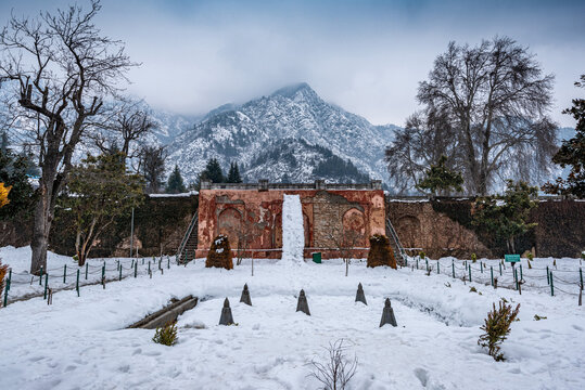 View of chashma shahi in winter season, Chashme Shahi is one of the Mughal gardens built in 1632 AD, srinagar, kashmir, India