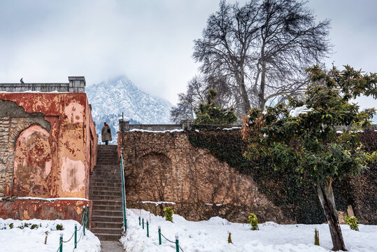 View of chashma shahi in winter season, Chashme Shahi is one of the Mughal gardens built in 1632 AD, srinagar, kashmir, India