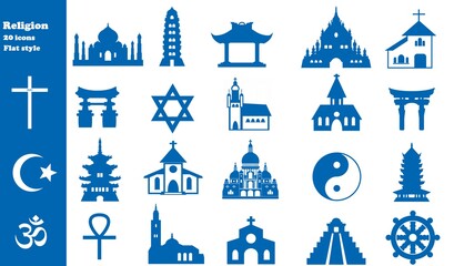 Fototapeta na wymiar Religions en 20 icônes bleus, collection