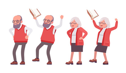 Old happy teacher in positive emotions, female, male senior professor, university, school, college tutor. Master, aged supervisor. Vector flat style cartoon illustration isolated, white background