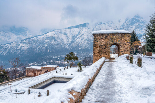A beautiful view landscape of Pari Mahal in winter season, srinagar, kashmir, india