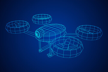 Drone flying with action video camera. Wireframe low poly mesh vector illustration