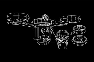 Drone flying with action video camera. Wireframe low poly mesh vector illustration