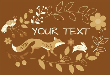 vector frame illustration for text with ethnic fox and rabbit yellow palette, sunny gold colors