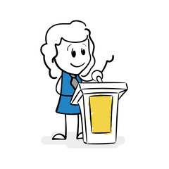 Drawing of stick figure business woman giving a speech on podium. Lecturer speech. Hand gesture. Cartoon stick woman giving a lecture. Concept of business girl speaking in public showing her ideas.