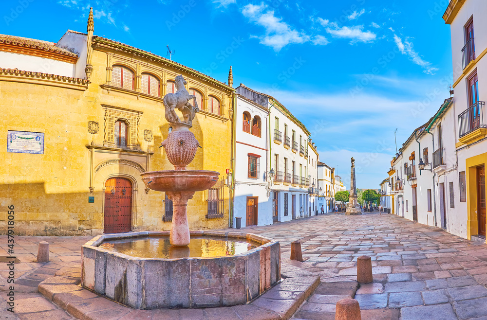 Poster The Potro Square with a stone fountain and Triumph of San Rafael Column, Cordoba, Spain