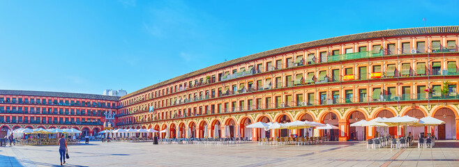 Panorama of Corredera Square with its monumental architecture, Cordoba, Spain