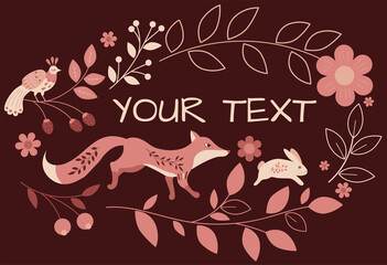 vector frame illustration for text with ethnic fox and rabbit orange palette, autumn time colors