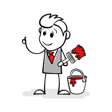 Cartoon Stick Figure Drawing Conceptual Illustration Of Businessman Artist Holding Brush In Paint. Smiling Stickman Painter With Brush And Paint Bucket Is Ready To Get To Work. He Wants To Creativity.