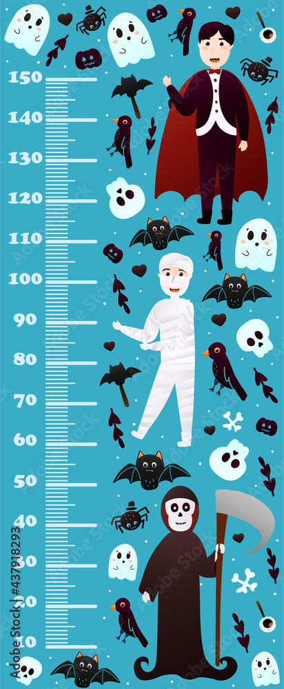 Wall mural Halloween height chart for kids with cute monster characters - vampire, mummy and death, colourful spooky growth meter for children in cartoon style