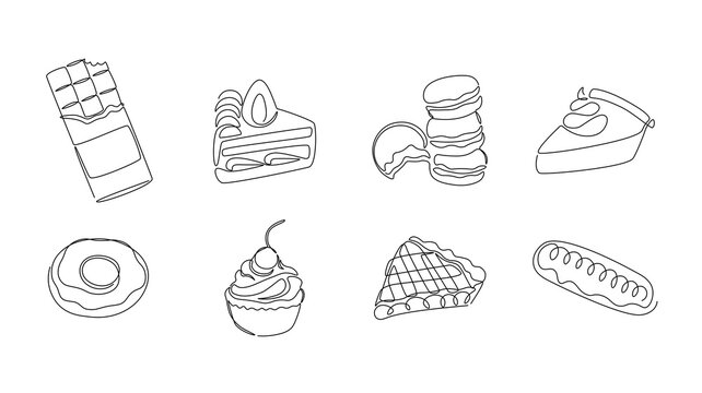 One line desserts. Continuous line sweets and bakery, pies cakes chocolate donut and cupcake, monoline sweet food concept. Vector set