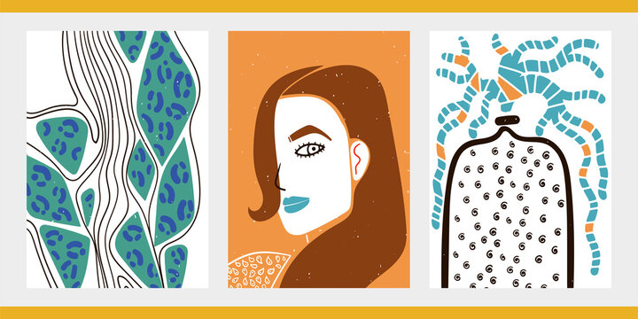 Fashionable images of girls. Hand-drawn young beautiful women. Set of three bright minimalist pop art posters with female portraits, abstract patterns, flowers, leaves.