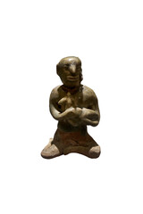 Ancient green glazed woman doll that holding a baby, isolated on white background.