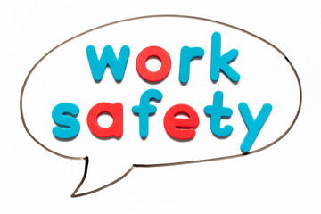 Alphabet letter with word work safety in black line hand drawing as bubble speech on white board background