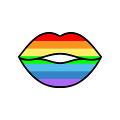 Lips illustration color of the rainbow with black outline. Vector icon. Symbol isolated on white. Cool sexy kisses. Cartoon sign for print, comics, fashion, pop art, design, stickers, posters, etc.