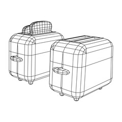 Toaster with two fried pieces of loaf prepared for a breakfast. Wireframe low poly mesh vector illustration.