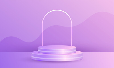 Minimal scene product display with geometric platform, cylinder podium in purple background