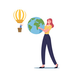 Female Character Holding Earth Globe in Hands, Man Flying on Air Balloon Isolated on White Background. Save the Planet