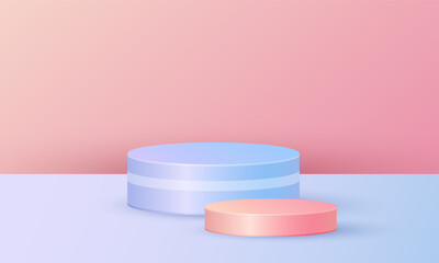 Minimal scene product display with geometric platform, cylinder podium in blue pink background