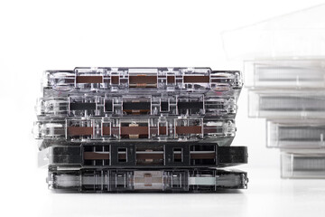 Vintage audio cassette tape. retro audio sound music equipment. Common compact audio cassette, asset data. Selective focus.