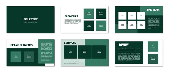 Green rectangles presentation template. Flat design, white background. 6 slides. Title, element, team, frame, service, review.