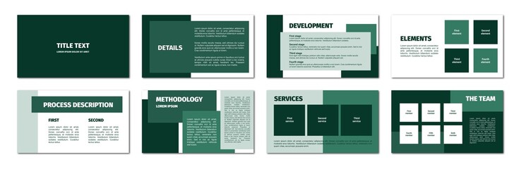 Green rectangles presentation template. Flat design, white background. 8 slides. Title, detail, development, element, process description, methodology, services, team.