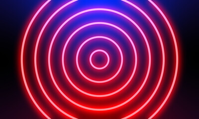 Abstract red neon light circles background.