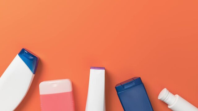 Set of cosmetic plastic bottles. Pollution concept. Stop motion animation.