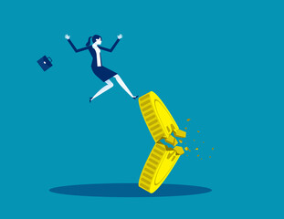 Falling from a broken coin. Lose money investment in financial crisis