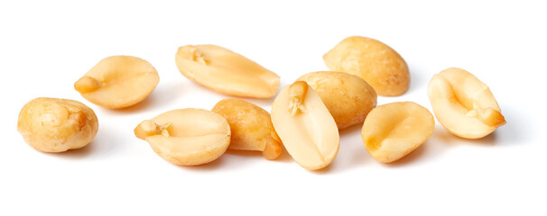 close up of roasted peanuts isolated on white background