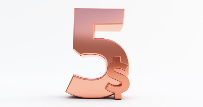 bronze five dollar ( 5$ ) isolated on white background. 3d render