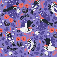Fototapeta premium Seamless pattern with woodpeckers and flowers. Vector graphics.