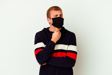 Young caucasian man wearing a mask for virus isolated on white background