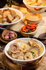Bakso or baso is an Indonesian meatball, Its texture is similar to the Chinese beef ball, fish ball, or pork ball. The word bakso refer the complete dish of beef broth soup, noodle, tofu and bok choy.