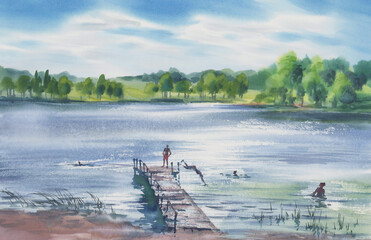 Swimming in the lake in spring watercolor background