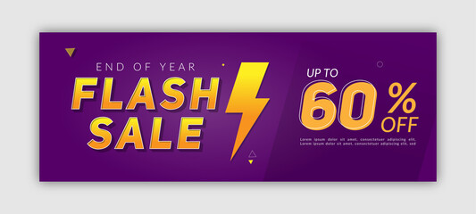 Fototapeta premium Business Facebook cover, page timeline, web ad banner template for year flash sale. Purple background and yellow, orange shape and 3d text